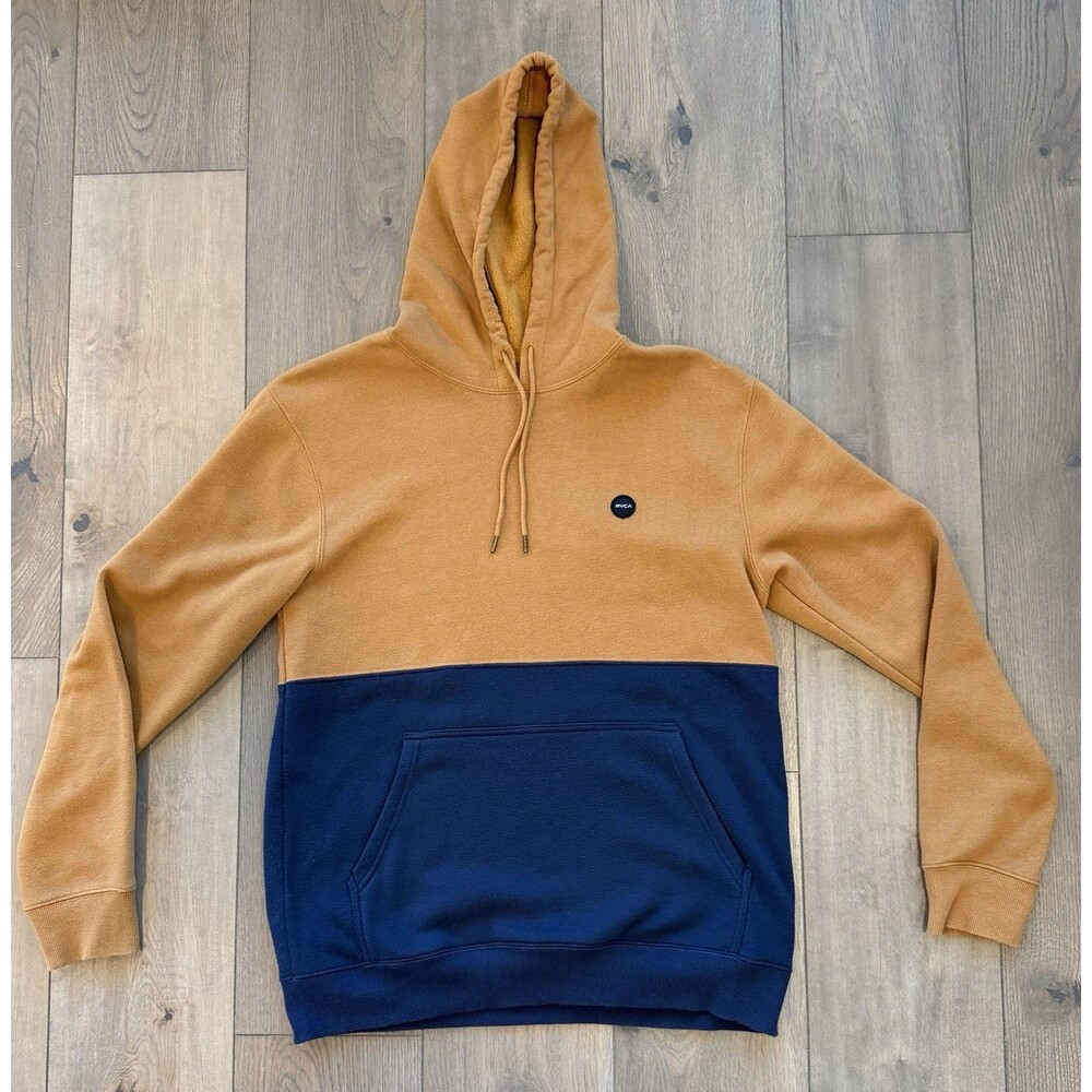 RVCA Mens Large Colorblock Pullover Hoodie Mustard Yellow Navy Blue Skate Large
